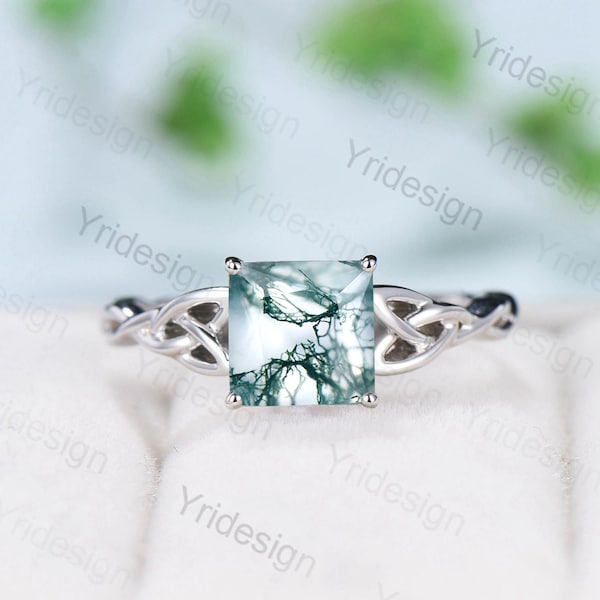 Norse Viking Moss Agate Ring Celtic Love Knot Aquatic Agate Engagement Ring Vintage Unique Twisted Green Crystal Wedding Ring For Women