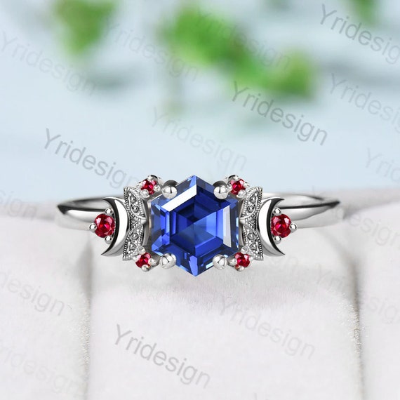 Vintage Moon Sapphire Engagement Ring Unique Hexagon Cut Blue Sapphire Wedding Ring Rose Gold Leaf Cluster Ruby Ring Art Deco Handmade Ring