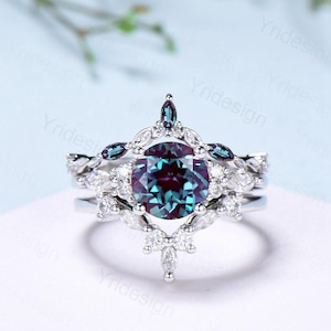 Vintage alexandrite engagement ring set 3pcs white gold color change stone wedding set Art deco leaf stacking band bridal promise ring set