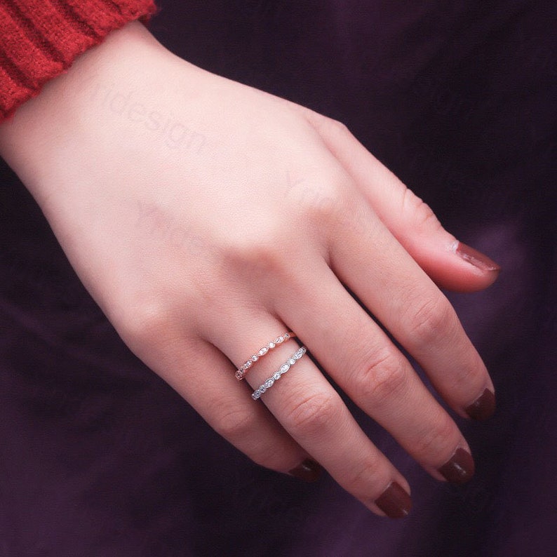 Half Eternity Wedding Band Anniversary Ring 925 Sterling Silver Stacking Ring Art Deco Matching Band Diamond Simulant WhiteRose Gold Ring