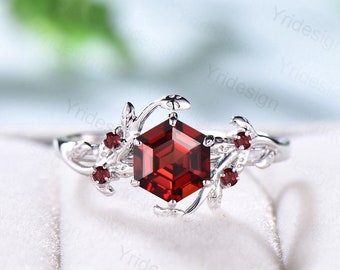 Natural Inspired Garnet Ring Vintage Unique Twig Engagement Ring 14K White Gold Leaf Branch Wedding Ring Women January Birthstone  Ring
