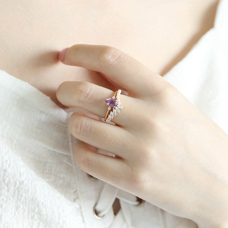 Pearl and Moissanite Ring Unique Anniversary Ring 14k 18k gold bridal ring Curved matching band Fresh water Pearl Wedding Ring For Women