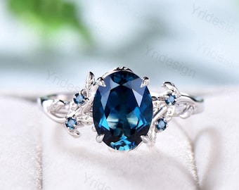 Elegant London Blue Topaz Ring Vintage Unique Twig Engagement Ring Leaf Cluster Blue Topaz Wedding Ring Women Natural inspired Branch Ring