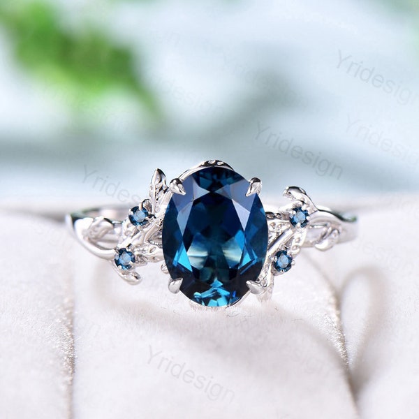 Elegant London Blue Topaz Ring Vintage Unique Twig Engagement Ring Leaf Cluster Blue Topaz Wedding Ring Women Natural inspired Branch Ring