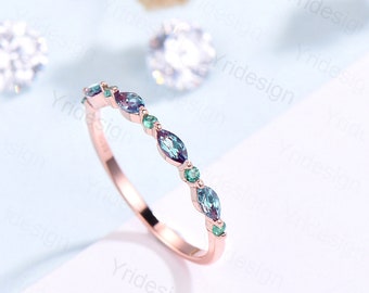 Alexandrite Eternity Wedding Band Vintage Alexandrite And Emerald Stackable Ring For Women Rose Gold Art Deco Matching Band Anniversary Band