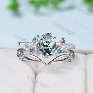 Natural Inspired Leaf moss agate ring set cluster emerald aquatic agate engagement ring women unique green stone wedding ring set for her