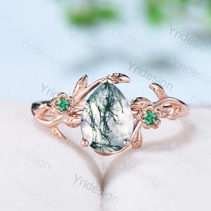 Elegant Moss Agate Ring Flower Leaves Branch Engagement Ring  Vintage Unique Wedding Ring Women Green Gemstone Nature Inspired Floral Ring