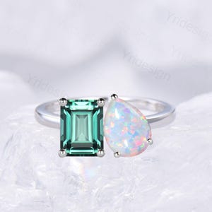 Emerald Cut Emerald And Pear White Opal Ring, Two Stone Wedding Ring, Promise Ring Her, Best Anniversary Gift, Toi Et Moi Engagement Ring