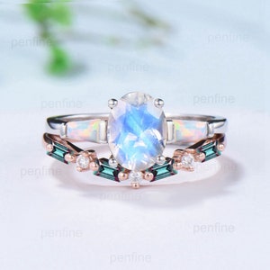 Vintage rainbow blue moonstone ring set three stone opal engagement ring unique baguette alexandrite wedding set for women June Birthstone