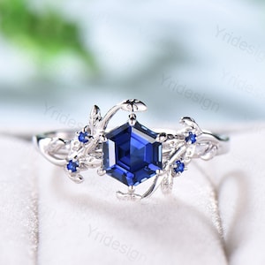 Elegant Hexagon Cut Sapphire Ring White Gold Vintage Unique Blue Sapphire Engagement Ring Branch September birthstone Wedding Ring Women