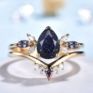 Unique Pear Blue Sandstone Cluster Engagement Rings Galaxy Starry Sky Ring Crystal Alexandrite Ring Unique Handmade Proposal Gifts for Women