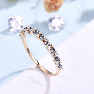 Vintage Alexandrite Wedding Band, Marquise cut White gold wedding ring, Unique Stacking matching Band Bridal ring, Anniversary band ring