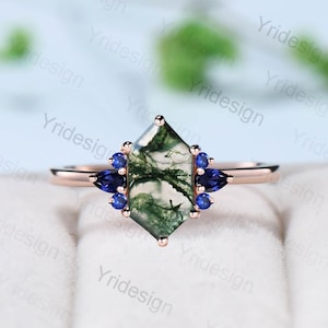 Vintage Long Hexagon cut moss agate cluster pear shaped sapphire Green Agate engagement ring art deco anniversary gift ring for women