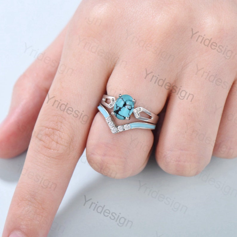 Unique Oval Turquoise Engagement Ring Set 14k White Gold Etsy