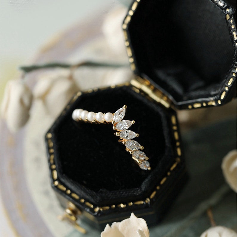 Pearl and Moissanite Ring Unique Anniversary Ring 14k 18k gold bridal ring Curved matching band Fresh water Pearl Wedding Ring For Women