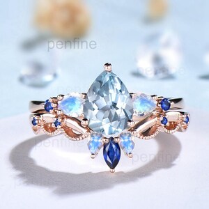 1.25CT Pear Shaped Natural Aquamarine Engagement Ring Set Five Stone Moonstone Sapphire Blue Gemstone Wedding Ring Set Rose Gold Bridal Set