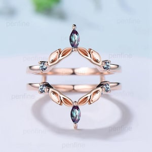 Double V curved alexandrite wedding band enhancer wraps leaves rose gold vintage color change stone stacking band anniversary gift for women