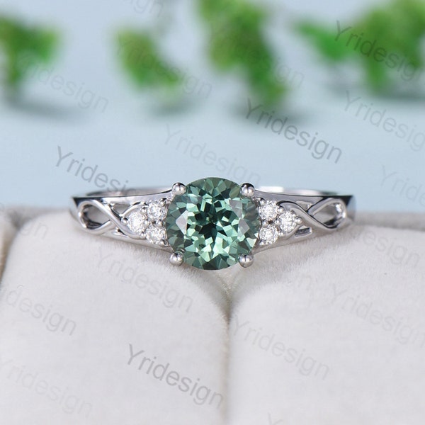 Vintage Green Sapphire Engagement Ring White Gold Solid 10K/14K/18K Gold Unique Cluster Moissanite Diamond Wedding Ring Anniversary gift