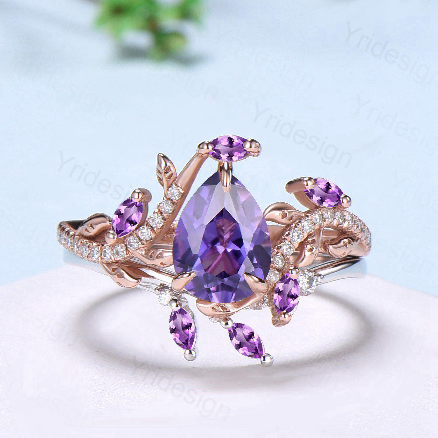 ペアーパープルサファイアエンゲージリングセット、自然をイメージした