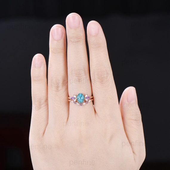 Vintage 1.5 CT Oval Turquoise Engagement Ring Set Retro