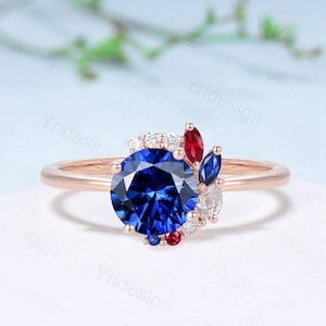 Unique Round Cut Blue Sapphire Engagement Ring Silver Rose Gold Cluster Marquise Ruby Wedding Ring Sep Birthstone Anniversary Promise Gifts