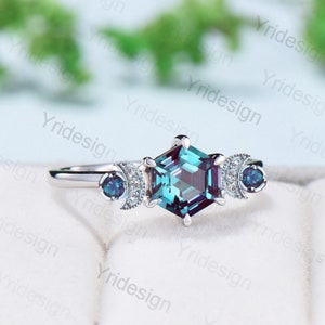 Unique hexagon alexandrite engagement ring Magic celestial moon color change engagement ring vintage crescent wedding ring gift for women