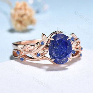 Nature Inspired Lapis Lazuli Wedding Ring Set Elegant Twig Engagement Ring Cluster Sapphire Branch Promise Ring Blue Stone Anniversary Ring