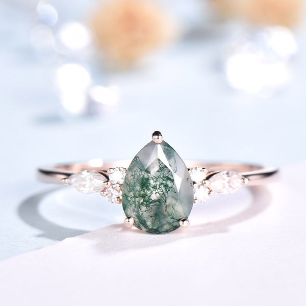 Natural Green Moss Agate Ring Pear Ring Unique Cluster Moissanite Diamond Engagement Ring Silver Gold Vintage Promise Wedding Ring Woman