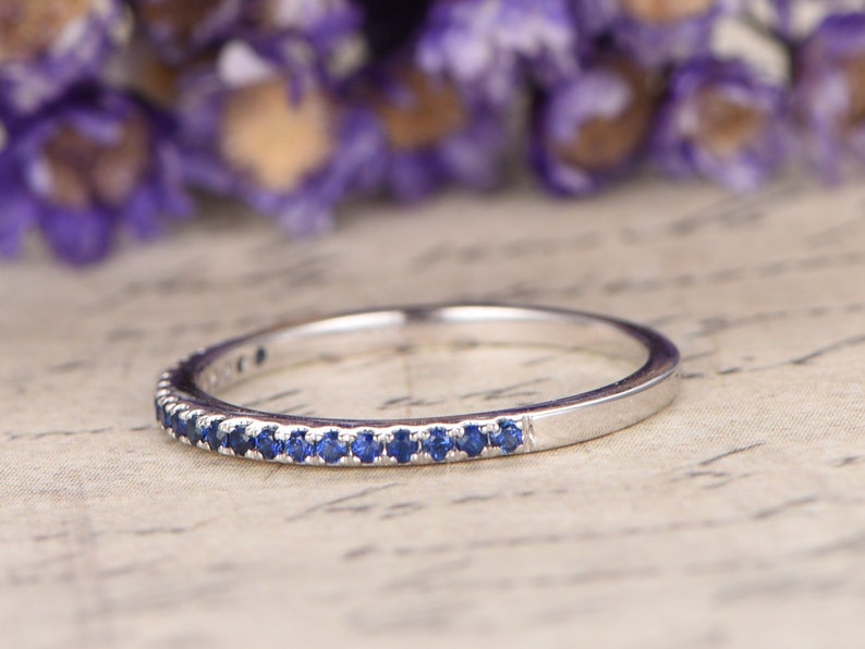 14K White Gold Blue Sapphire Wedding Bands women,Half Eternity Engagement Ring,MIcro Pave set,promise Band Thin Wedding Band,Stackable Ring