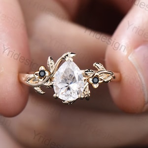 Nature Inspired Pear Moissanite Flower Ring Twig Leaf Moissanite Engagement Ring Rose Gold Leaves Branch Silver Gold Bridal Ring For Women