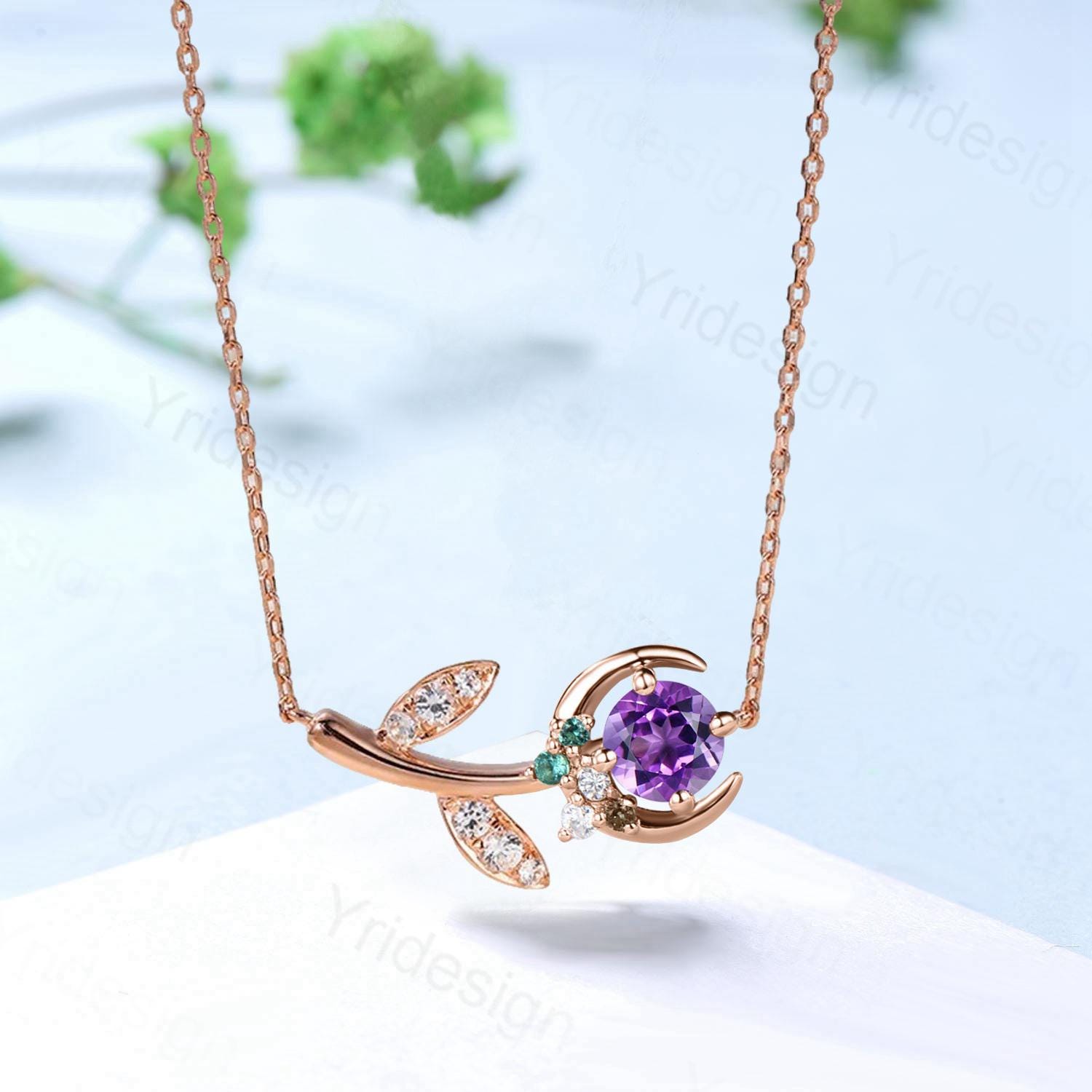 アメジスト三日月ネックレス、モアッサナイトスターブランチ、14K