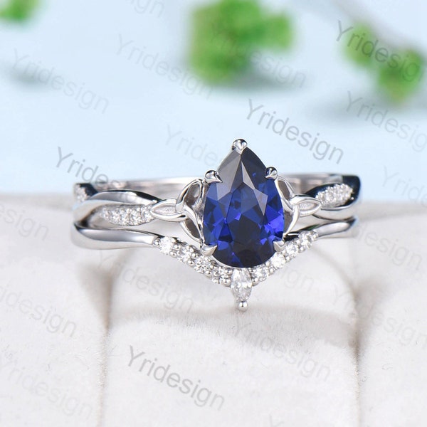 Vintage Sapphire Ring Bridal Set Norse Viking 6x9mm en forme de poire en forme de saphir bague de fiançailles set unique twisted infinity wedding set pour femmes