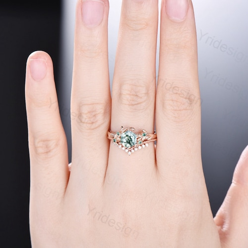 Elegant Hexagon Moss Agate Ring Set Vintage Unique Aquatic Agate Engagement shops Ring Rose Gold Cluster Emerald Wedding Ring Women Bridal Set