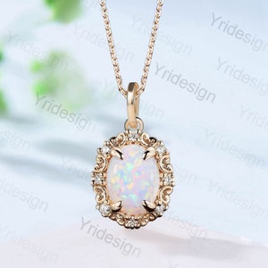 1.5CT Oval White Opal Pendant Necklace Vintage Unique Fire Opal Diamond Pendant 14K/18K Rose Gold Necklace For Women Birthday Gift Christmas