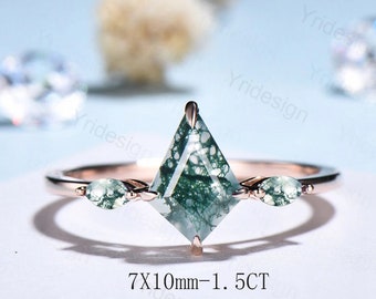 Vintage kite cut moss agate ring solid 14k rose gold marquise cut green agate engagement ring unique wedding ring for women anniversary gift