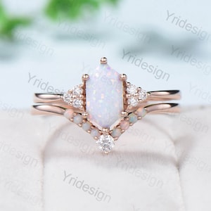 Retro Long hexagon fire opal ring women vintage white opal engagement ring set crown moissanite Stacking ring Wedding Gold Band Ring Set