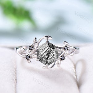 Vintage Hexagon cut black rutilated quartz engagement ring unique six prongs wedding ring women leaf vine Onyx leaf flower alternative ring