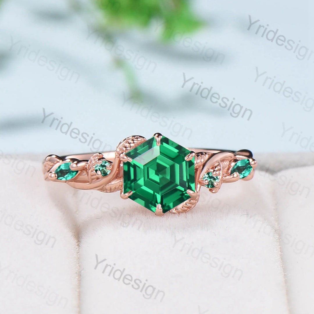 Nature Inspired Green Engagement Ring Hexagon Cut Green Stones