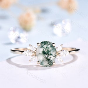 1.5CT Oval Natural Moss Agate Engagement Ring Cluster Diamond Green Agate Wedding Ring Art Deco Vintage Retro Green Crystal Anniversary Ring