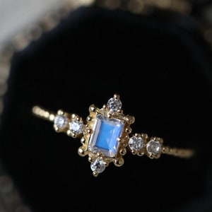 Dainty Moonstone Ring Emerald Cut Engagement Ring Bridal Ring Unique Antique Moissanite Wedding Ring Gift For Women vintage bridal ringe