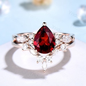 Vintage pear shaped garnet engagement ring set 14k rose gold marquise cut moissanite ring for women unique bridal wedding ring set
