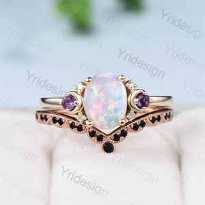 Vintage Moon Opal Engagement Ring Set Unique Celestial Moon Alternative Opal Amethyst Wedding Ring Set Art Deco Black Spinel Matching Band