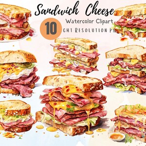 May include: Ten watercolor illustrations of different types of deli sandwiches with various fillings, including cheese, meat, and vegetables. The sandwiches are all on different types of bread and are arranged in a collage.