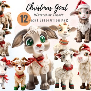 Christmas Goat Clipart Watercolor Illustrations Cute Goat Design Baby goat Christmas Nursery Wall Art image 1