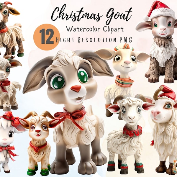 Christmas Goat Clipart | Watercolor  Illustrations | Cute Goat Design | Baby goat Christmas | Nursery Wall Art