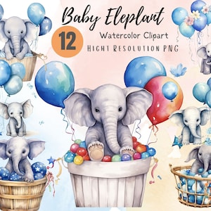Baby Elephant Clipart | Nursery Wall Art | Watercolor Illustrations | Elephant with Balloons | Elephant Baby Shower |  PNG Digital Download