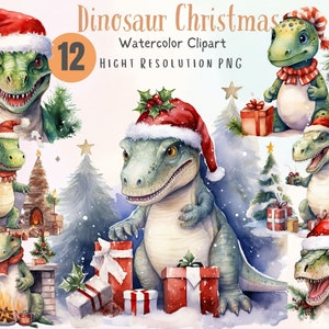 Dinosaur Christmas | T-Rex in a Santa Hat | Watercolor Clipart | Dinosaur Christmas Tree PNG |  Jurassic Xmas Party Decor | Winter PNG