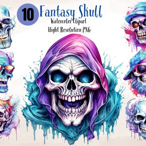 Fantasy Skulls Watercolor Clipart ,  Villain skull Watercolour in PNG  format instant download for commercial use