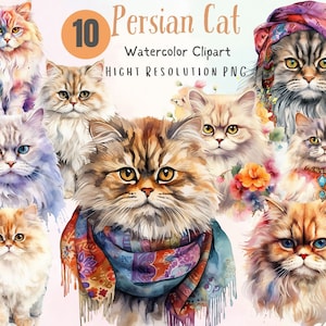 Persian Cat Clipart | Watercolor Clipart Bundle Beautiful Cat Breed Design | Graceful Persian Cat Breed |  ,Instant Digital Download