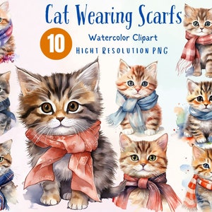 Cat Wearing Scarfs , Kawaii Cute Cat , Watercolor Clipart Bundle  , Cat PNG format instant Digital Download,  Drawing & Illustration